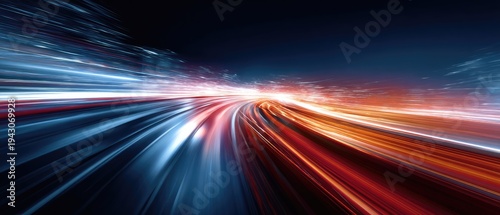 Streaks of red and blue light blur across a dark background, suggesting rapid motion