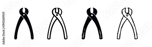 End-cutting pliers or nippers tool icon set. Hand drawn style vector illustration for carpentry and repair work.