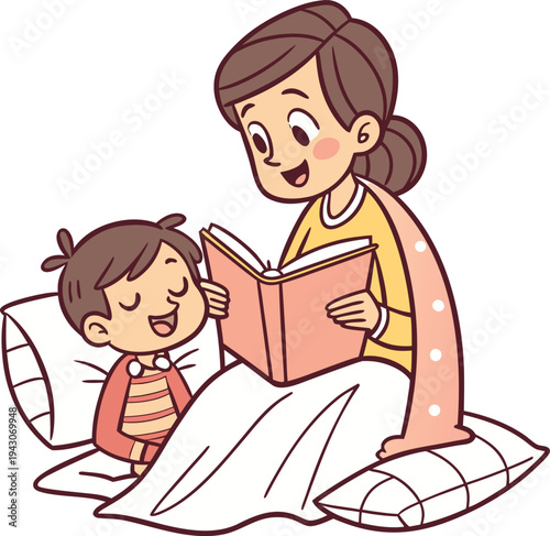 Mother Reading Bedtime Story to Child in Bed Vector Illustration for Kidsmother, reading, bedtime story, child, bed, vector, illustration, kids, storytelling, parent, mom, son, family, learning, sleep