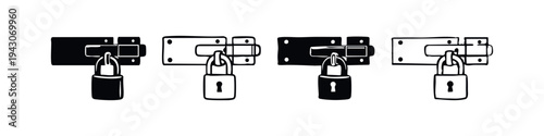 Slide bolt lock with padlock icon set. Hand drawn style vector illustration for security and fastening systems.