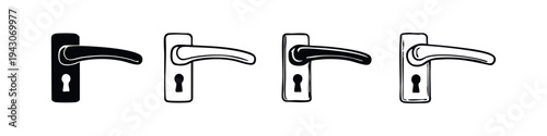 Door Handle with Keyhole Icons Set - Black and White Vector Illustration