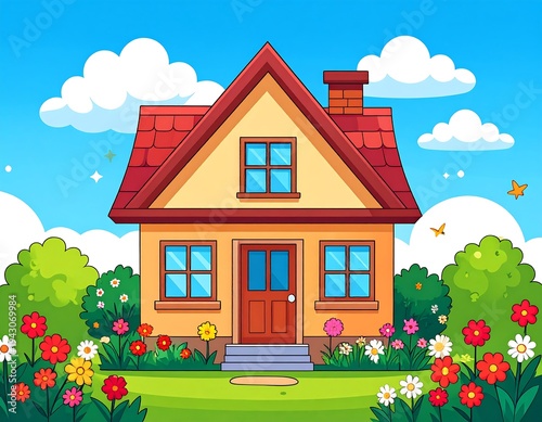Cartoon house with red roof. Garden of colorful flowers. Blue sky with fluffy clouds background