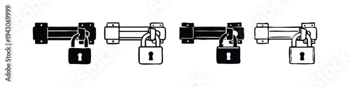 Barrel bolt lock with padlock icon set. Hand drawn style vector illustration for gate and door security.