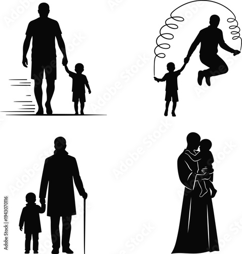 Father and son silhouette set, walking together, jumping rope, grandfather with child, mother holding baby, family bonding moments, black vector illustration.