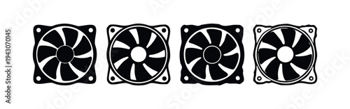 Square Computer Fan Icons Set. PC Cooling Fan and Electronic Equipment Ventilator Vector Illustration