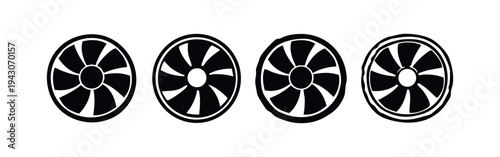 Round Computer Fan Icons Set. Circular Cooling Fan and Electronic Device Ventilator Vector Illustration