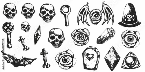 A collection of spooky hand drawn halloween and gothic themed illustrations