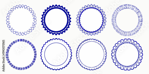 Collection of eight hand drawn blue oval frames with varied textures