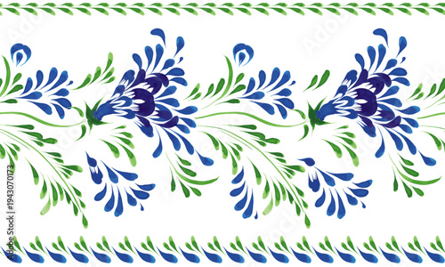 Vector floral seamless border pattern from hand painted blue flowers and leaves on a white background