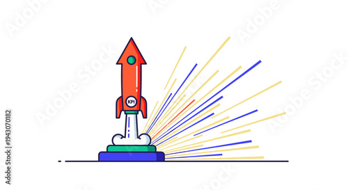 Cartoon rocket launching with colorful explosion lines on a white background, symbolizing startup and success