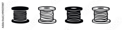 Abstract Coiled Cylinders Icon Set. Black and white vector illustrations of stacked ring shapes, industrial or mechanical elements.