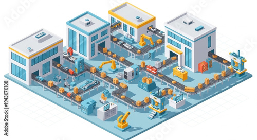 Isometric Factory Production Line Illustration.