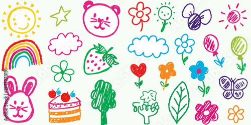 Colorful childlike drawings of flowers animals and various playful objects