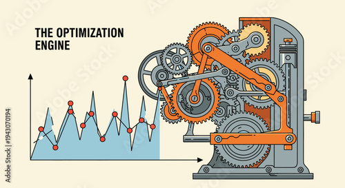 The Optimization Engine: A complex mechanical device with gears and levers connected to a fluctuating graph representing data.