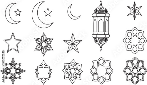 Black and white outline Islamic symbols including crescent moons, stars, and lanterns