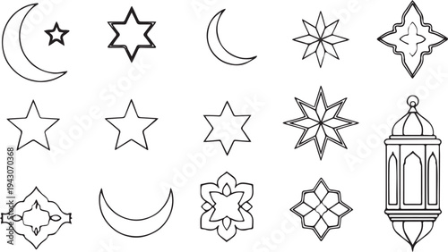Black and white line art Islamic symbols featuring moons, stars, lanterns, and geometric shapes
