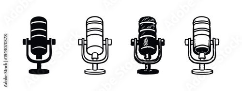 Hand drawn studio microphone icon set in black and white doodle style for podcasting and broadcasting.