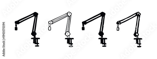 Hand drawn microphone boom arm stand icon set without microphone, in black and white sketch style.