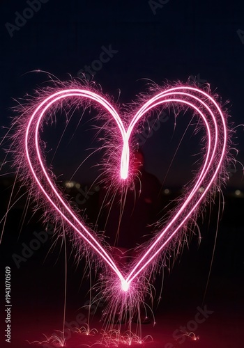 Bright pink light trail creates a heart shape against a dark night sky