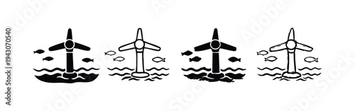 Underwater Tidal Turbine Hydropower Icon Set - Black and White Vector Art