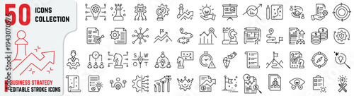 Business Strategy 50 Editable Stroke Icons Set – Growth, Planning, Leadership, Analytics and Innovation Outline Collection