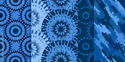 Four blue batik patterns arranged in a seamless repeating composition
