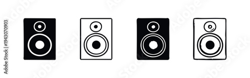 Audio speaker icon set. Collection of loudspeaker system symbols in black and white styles for music, sound, and home entertainment designs.