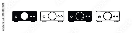 Audio amplifier icon set. Collection of sound system receiver symbols in black and white styles for music, technology, and home entertainment designs.