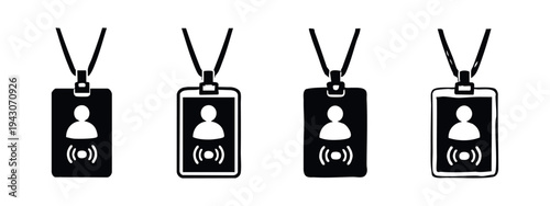 RFID ID badge icon set. Collection of identification card symbols with wireless signal in black and white styles for security and access control designs.