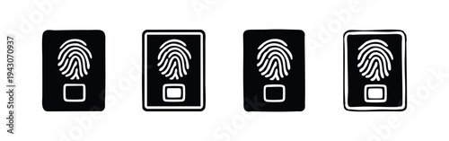 Fingerprint scanner icon set. Collection of biometric security symbols in black and white styles for authentication and access control designs.