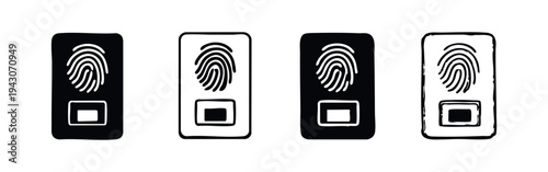 Biometric fingerprint scanner icon set. Collection of security authentication symbols in black and white styles for access control and technology designs.