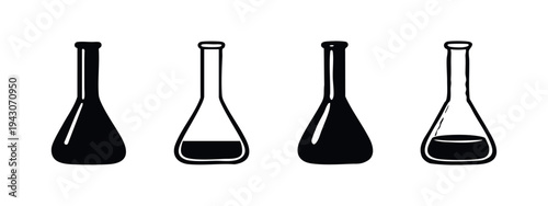Lab Flasks Icons Set. Scientific Volumetric Flasks with and without Liquid for Chemistry Experiments.
