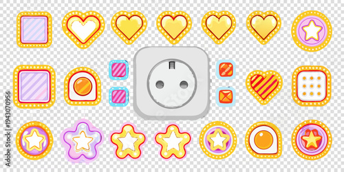 Colorful heart shaped and star shaped stickers surrounding a power outlet