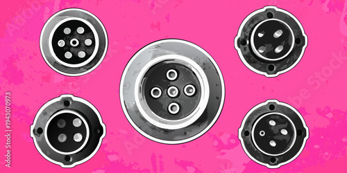 Close up of several metallic circular drain covers against pink