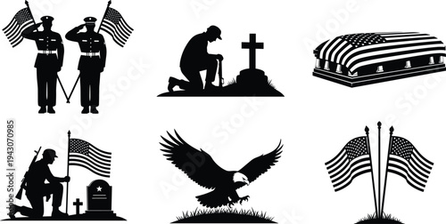 Military memorial silhouettes set with saluting soldiers, kneeling veterans at graves, american flag, bald eagle, and casket for Veterans Day or Memorial Day