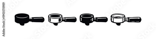 Espresso Machine Portafilter Icons Set. Barista Tools and Coffee Brewing Equipment Symbols.