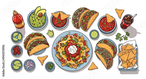 Delicious Mexican Food Feast - Tacos, Nachos, Guacamole, and Salsa.