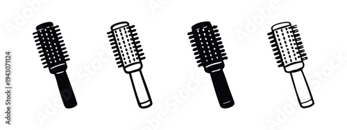Round Hair Brush Icon Set. Hairdressing Styling Tool for Blow Drying and Volume.