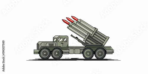 Cartoon illustration of a military missile launcher vehicle side view