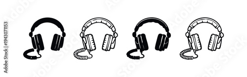 Over-Ear Headphones with Coiled Cable Icon Set. Music, Audio, and DJ Equipment.