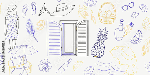 Summer vacation themed doodles with hats fruit and open doors