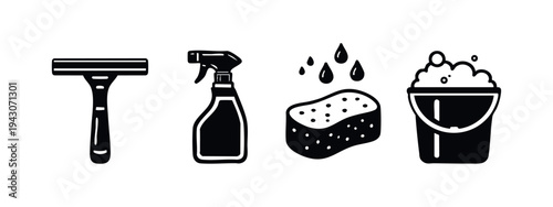 Cleaning and hygiene tools icon set. Razor, spray bottle, sponge, and bucket with foam illustrations.