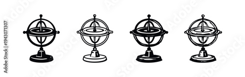 Gyroscope icon set. Scientific instrument for measuring orientation or angular velocity, illustrating stability.