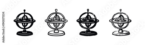 Gyroscope and gimbal mechanism icon set. Device for measuring or maintaining orientation and angular velocity.