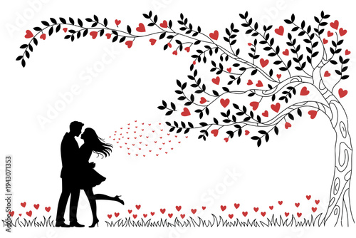 A loving couple silhouette kissing under a romantic heart tree illustration