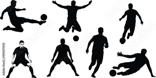 Soccer player silhouettes set with athletes in action, jumping, kicking ball, sliding tackle and running poses for professional football match sports design