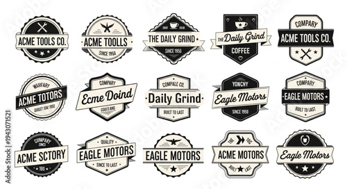 Collection of vintage-style logo designs featuring various brand names and themes, including tools, motors, and coffee, with a rustic and retro aesthetic.