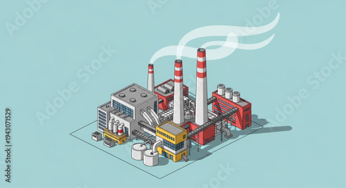 Isometric Factory with Smoking Chimneys Illustration.