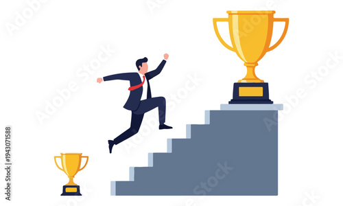 Businessman running up stairs towards a large gold trophy