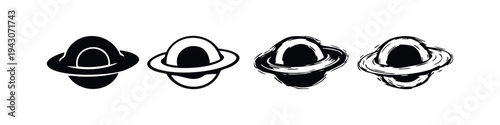 Ringed Planet Icons Set. Saturn-like Planet Vector Illustrations. Space and Astronomy Symbols in Various Artistic Styles.